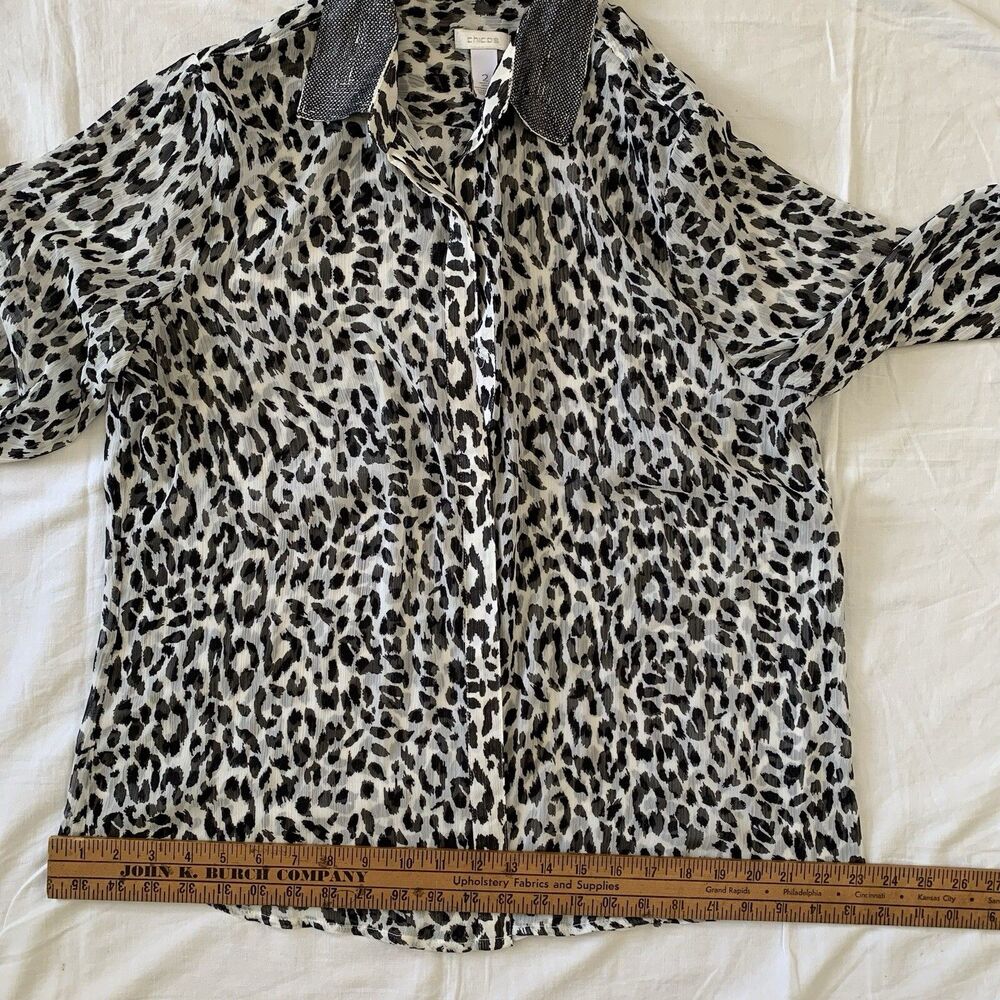 Chicos Chiffon Button Up Blouse Large Sheer Leopard Cheetah Mob Wife Glam Chic - Picture 10 of 16